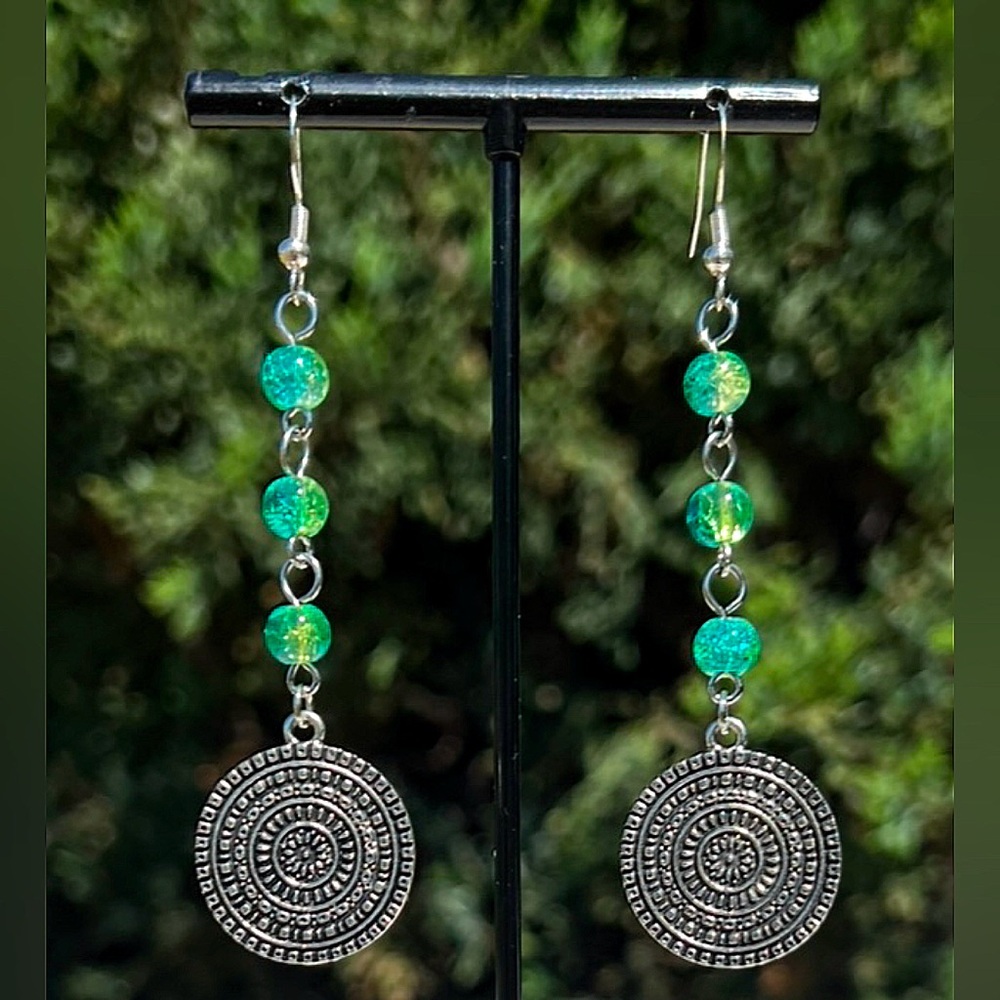 Green Bead Mandela Earrings